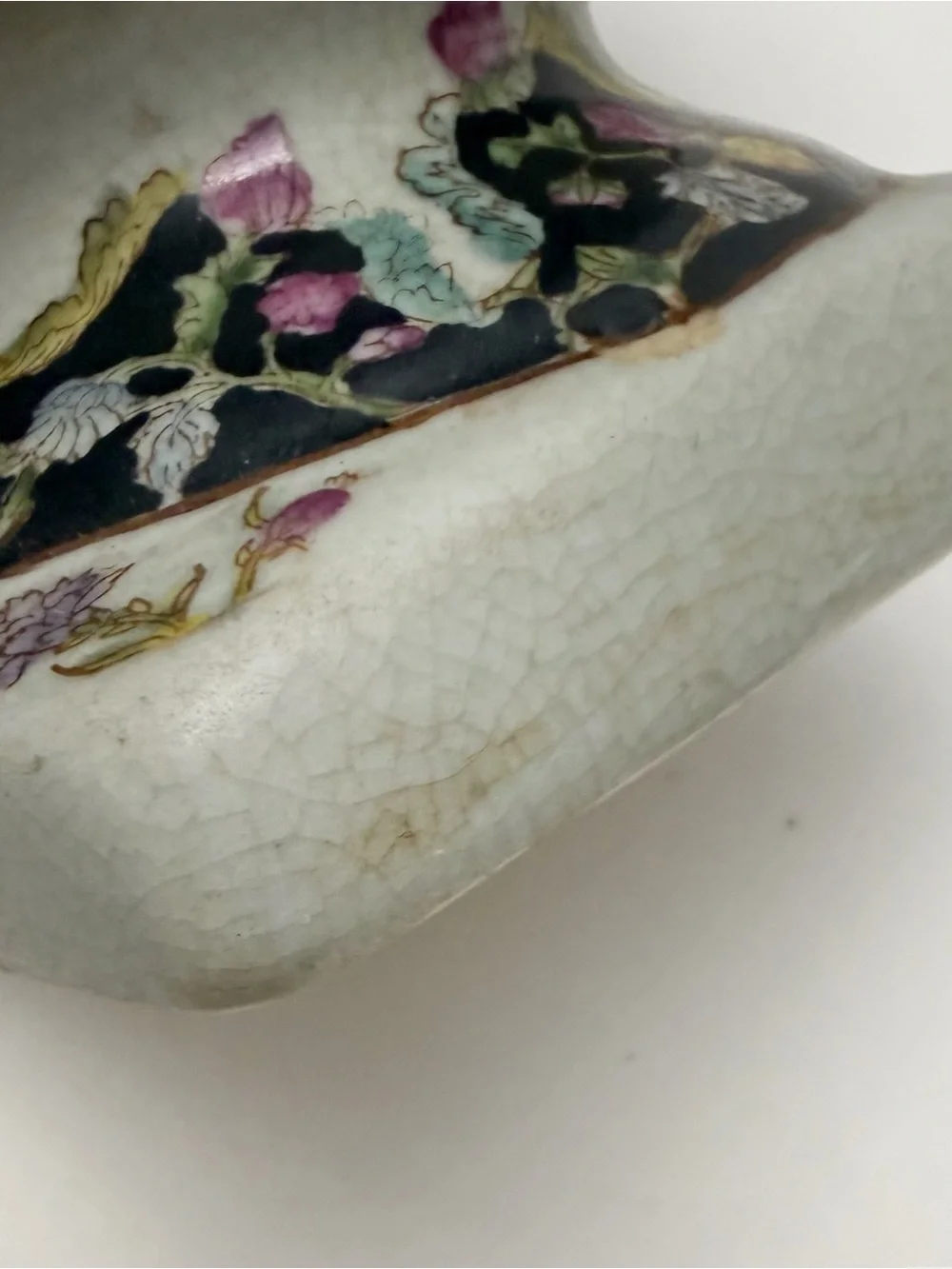 Vintage Chinese Floral Porcelain Lidded Pedestal Footed Small Urn Crackle Finish